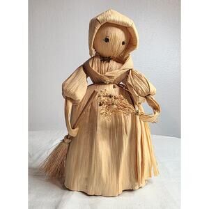 Vintage Cornhusk Doll Holding Broom & Flowers 9" Tall 6" Wide Folk Art